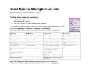 Board Member Strategic Questions  
A print­and­keep reference sheet / poster 
The top three strategic questions 
● Why this, why now? 
● What does success look like? 
● How does it advance our overall strategy / vision / purpose? 
 
A bank of other questions to pick from below, based on our work with boards and inspired by the the 
ORID format:  Objective >>> Reflective >> Interpretive >>> Decisional    
Consider getting the book for lots more questions. It has useful scenarios for many settings. 
 
Objective  Reflective  Interpretive  Decisional 
What do you want to achieve?  What excites you the most about this?  How does it link to our vision?  What are our proposed next steps? 
Why this, why now?  What surprised you?  How does it link to the business objectives?  What decisions can we make? 
What factual statements can you make 
based on the data? 
What encouraged you?  What would you like the audience to feel?  What is our action plan for moving 
forward? 
What is your objective?  What discouraged you?  Why should the audience believe you?  What does success look like? 
What do you expect from the project / 
goal? 
How does this make you feel?  What is the behaviour, mindset or action you 
want to leave your audience with? 
 
What would you like to work on / 
improve? 
  Describe the “Big Idea”   
How can I help you?    What does the data tell us? What new insights 
do you have? 
 
What does success look like?    What doesn’t it tell us and what else might we 
need to know? 
 
Boards, Chief Executives and Chairs – and the next generation of talent – turn to us for help:  
// We advise boards // Facilitate strategy // Develop changemakers – learn more at  alignyour.org 
 