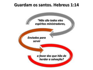 Guardam os santos. Hebreus 1:14
“Não são todos eles
espíritos ministradores,
Enviados para
servir
a favor dos que hão de
herdar a salvação?
 