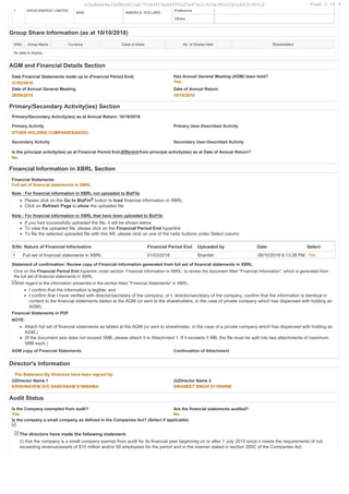 1 EROS ENERGY LIMITED
MAN AMERICA, DOLLARS
Preference
Others
Group Share Information (as at 10/10/2018)
S/No. Group Name Currency Class of share No. of Shares Held Shareholders
No data to display.
AGM and Financial Details Section
Date Financial Statements made up to (Financial Period End)
31/03/2018
Has Annual General Meeting (AGM) been held?
Yes
Date of Annual General Meeting
28/09/2018
Date of Annual Return
10/10/2018
Primary/Secondary Activity(ies) Section
Primary/Secondary Activity(ies) as at Annual Return: 10/10/2018
Primary Activity
OTHER HOLDING COMPANIES(64202)
Primary User-Described Activity
Secondary Activity Secondary User-Described Activity
Is the principal activity(ies) as at Financial Period Enddifferentfrom principal activity(ies) as at Date of Annual Return?
No
Financial Information in XBRL Section
Financial Statements
Full set of financial statements in XBRL
Note : For financial information in XBRL not uploaded to BizFile
Please click on the Go to BizFinX button to load financial information in XBRL
Click on Refresh Page to show the uploaded file
Note : For financial information in XBRL that have been uploaded to BizFile
If you had successfully uploaded the file, it will be shown below
To view the uploaded file, please click on the Financial Period End hyperlink
To file the selected uploaded file with this AR, please click on one of the radio buttons under Select column
Statement of confirmation: Review copy of Financial Information generated from full set of financial statements in XBRL
Click on the Financial Period End hyperlink under section: Financial Information in XBRL, to review the document titled "Financial Information", which is generated from
the full set of financial statements in XBRL.
With regard to the information presented in the section titled "Financial Statements" in XBRL,
I confirm that the information is legible; and
I confirm that I have verified with director/secretary of the company; or I, director/secretary of the company, confirm that the information is identical in
content to the financial statements tabled at the AGM (or sent to the shareholders, in the case of private company which has dispensed with holding an
AGM).
1 Full set of financial statements in XBRL 31/03/2018 Sharifah 08/10/2018 6:13:28 PM Yes
S/No.Nature of Financial Information Financial Period End Uploaded by Date Select
Financial Statements in PDF
NOTE:
Attach full set of financial statements as tabled at the AGM (or sent to shareholder, in the case of a private company which has dispensed with holding an
AGM.)
(If the document size does not exceed 5MB, please attach it in Attachment 1. If it exceeds 5 MB, the file must be split into two attachments of maximum
5MB each.)
AGM copy of Financial Statements Continuation of Attachment
Director's Information
The Statement By Directors have been signed by:
(i)Director Name 1
KRISHNAVENI D/O SANDANAM S1668496A
(ii)Director Name 2
SWANEET SINGH 511054956
Audit Status
Is the Company exempted from audit?
Yes
Are the financial statements audited?
No
Is the company a small company as defined in the Companies Act? (Select if applicable)
The directors have made the following statement:
(i) that the company is a small company exempt from audit for its financial year beginning on or after 1 July 2015 since it meets the requirements of not
exceeding revenue/assets of $10 million and/or 50 employees for the period and in the manner stated in section 205C of the Companies Act;
Page 2 of 4e3adebb4e26d8bd423ab7558d410a48950a05e67e2c916e3820265a6d3030fc2
 