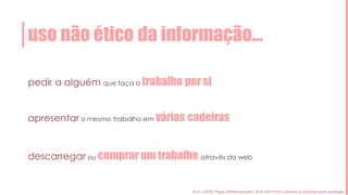 uso não ético da informação…
pedir a alguém que faça o trabalho por si
apresentar o mesmo trabalho em várias cadeiras
descarregar ou comprar um trabalho através da web
B-on. (2018). Plágio. RetrievedApril6, 2018, from https://www.b-on.pt/boas-praticas/plagio/
 