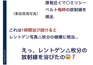 A.Asano,KansaiUniv.
原発近くで○ミリシー
ベルト毎時の放射線を
検出
これは1時間浴び続けると
レントゲン写真△枚分の被曝に相当...
えっ，レントゲン△枚分の
放射線を浴びたの😱😱❓
（事故現場写真）
 
