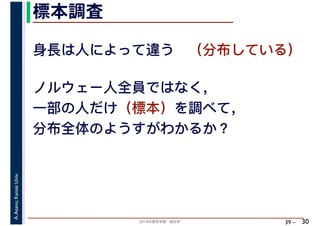 2018年度秋学期　統計学
A.Asano,KansaiUniv.
39 –
標本調査
30
身長は人によって違う　（分布している）
ノルウェー人全員ではなく，
一部の人だけ（標本）を調べて，
分布全体のようすがわかるか？
 