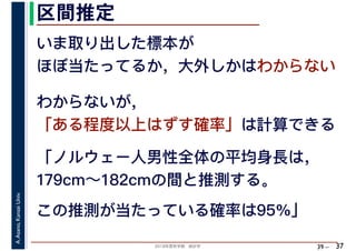 2018年度秋学期　統計学
A.Asano,KansaiUniv.
39 –
区間推定
37
いま取り出した標本が
ほぼ当たってるか，大外しかはわからない
わからないが，
「ある程度以上はずす確率」は計算できる
「ノルウェー人男性全体の平均身長は，
179cm～182cmの間と推測する。
この推測が当たっている確率は95%」
 