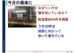 2018年度秋学期　統計学
A.Asano,KansaiUniv.
39 –
なぜベンチが
横を向いているの？
今日の最後に
39
転落事故56件を調査
うち33件は
線路に向かって
歩いて落ちていた
 