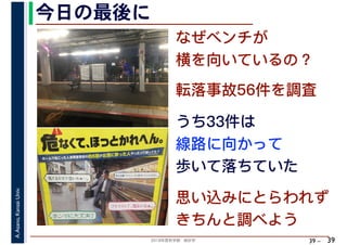 2018年度秋学期　統計学
A.Asano,KansaiUniv.
39 –
なぜベンチが
横を向いているの？
今日の最後に
39
転落事故56件を調査
思い込みにとらわれず
きちんと調べよう
うち33件は
線路に向かって
歩いて落ちていた
 