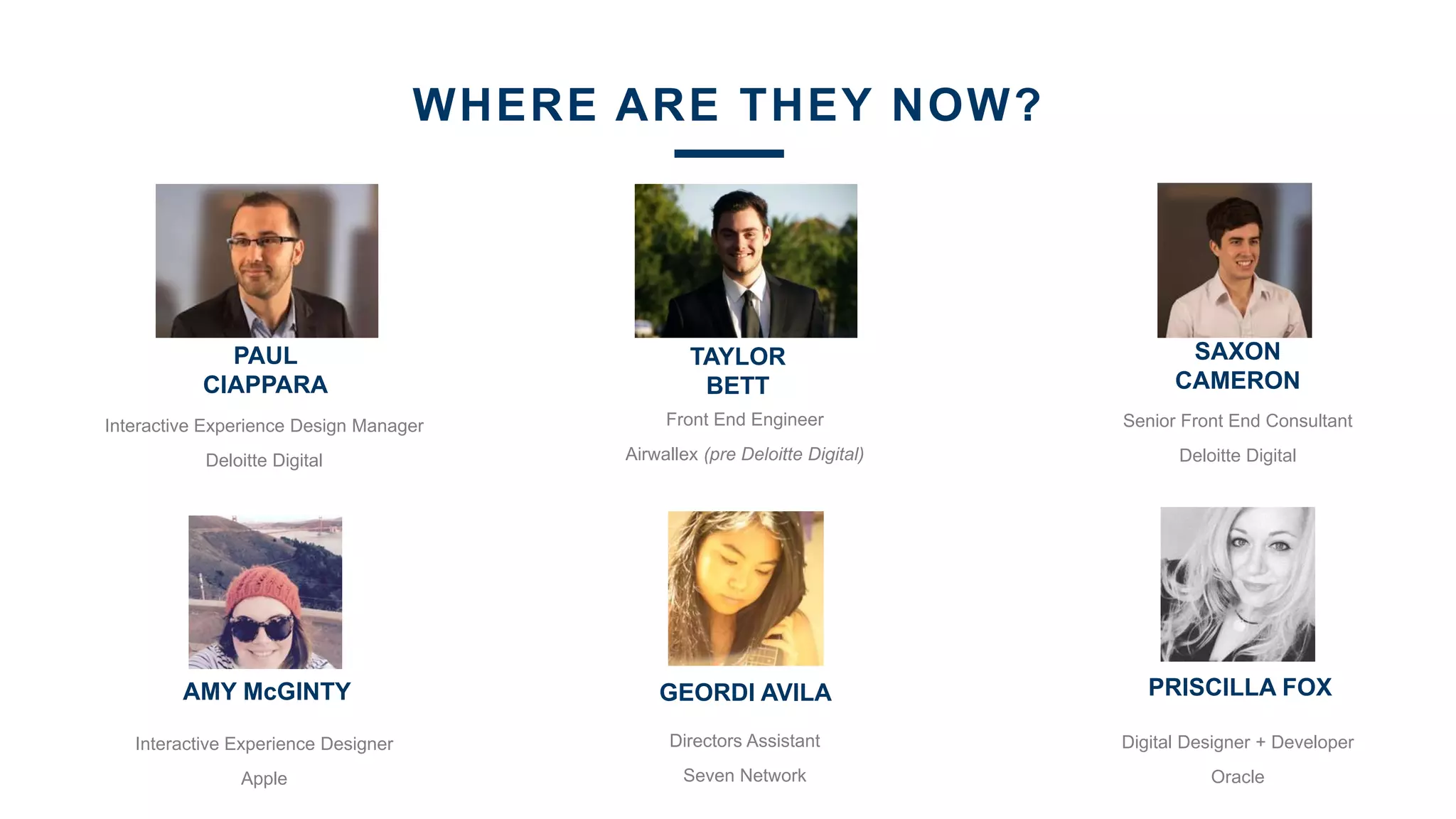 WHERE ARE THEY NOW?
Front End Engineer
Airwallex (pre Deloitte Digital)
TAYLOR
BETT
Interactive Experience Design Manager
Deloitte Digital
PAUL
CIAPPARA
SAXON
CAMERON
Senior Front End Consultant
Deloitte Digital
Directors Assistant
Seven Network
GEORDI AVILA
Interactive Experience Designer
Apple
AMY McGINTY PRISCILLA FOX
Digital Designer + Developer
Oracle
 