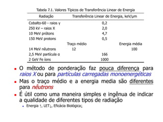  O método de ponderação faz pouca diferença para
raios X ou para partículas carregadas monoenergéticas
 Mas o traço médio e a energia media são diferentes
para nêutrons
 É útil como uma maneira simples e ingênua de indicar
a qualidade de diferentes tipos de radiação
 Energia ↑, LET↓, Eficácia Biológica↓
Tabela 7.1. Valores Típicos de Transferência Linear de Energia
Radiação Transferência Linear de Energia, keV/μm
Cobalto-60 - raios γ
250 kV – raios X
10 MeV prótons
150 MeV protons
14 MeV nêutrons
2,5 MeV partícula α
2 GeV Fe íons
0,2
2,0
4,7
0,5
Traço médio Energia média
12 100
166
1000
 