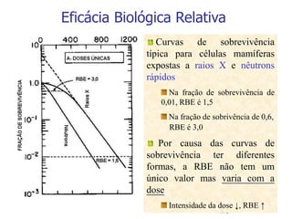 13
Curvas de sobrevivência
típica para células mamíferas
expostas a raios X e nêutrons
rápidos
Na fração de sobrevivência de
0,01, RBE é 1,5
Na fração de sobrivência de 0,6,
RBE é 3,0
Por causa das curvas de
sobrevivência ter diferentes
formas, a RBE não tem um
único valor mas varia com a
dose
Intensidade da dose ↓, RBE ↑
Eficácia Biológica Relativa
 
