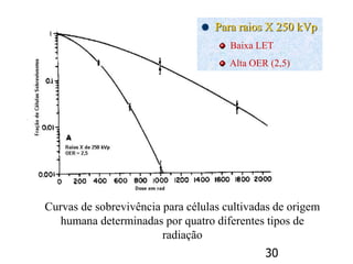 30
Curvas de sobrevivência para células cultivadas de origem
humana determinadas por quatro diferentes tipos de
radiação
Para raios X 250 kVp
Baixa LET
Alta OER (2,5)
 