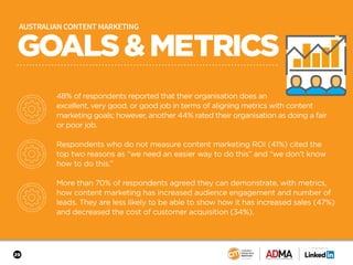 GOALS&METRICS
AUSTRALIAN CONTENT MARKETING
48% of respondents reported that their organisation does an
excellent, very goo...