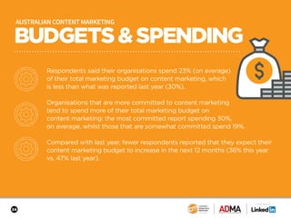 34
SPONSORED BY
BUDGETS&SPENDING
AUSTRALIAN CONTENT MARKETING
Respondents said their organisations spend 23% (on average)
...