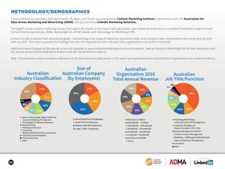 37
SPONSORED BY
METHODOLOGY/DEMOGRAPHICS
Content Marketing in Australia 2018: Benchmarks, Budgets, and Trends was produced...