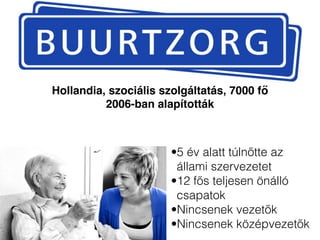 •5 év alatt túlnőtte az
állami szervezetet
•12 fős teljesen önálló
csapatok
•Nincsenek vezetők
•Nincsenek középvezetők
Hollandia, szociális szolgáltatás, 7000 fő
2006-ban alapították
 