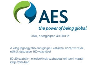 A világ legnagyobb energiaipari vállalata, középvezetők
nélkül, összesen 100 vezetővel
80-20 szabály - mindenkinek szabaddá kell tenni magát
ideje 20%-ban
USA, energiaipar, 40 000 fő
 