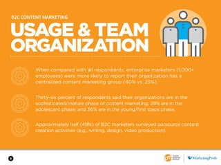 5
USAGE & TEAM
ORGANIZATION
B2C CONTENT MARKETING
When compared with all respondents, enterprise marketers (1,000+
employe...