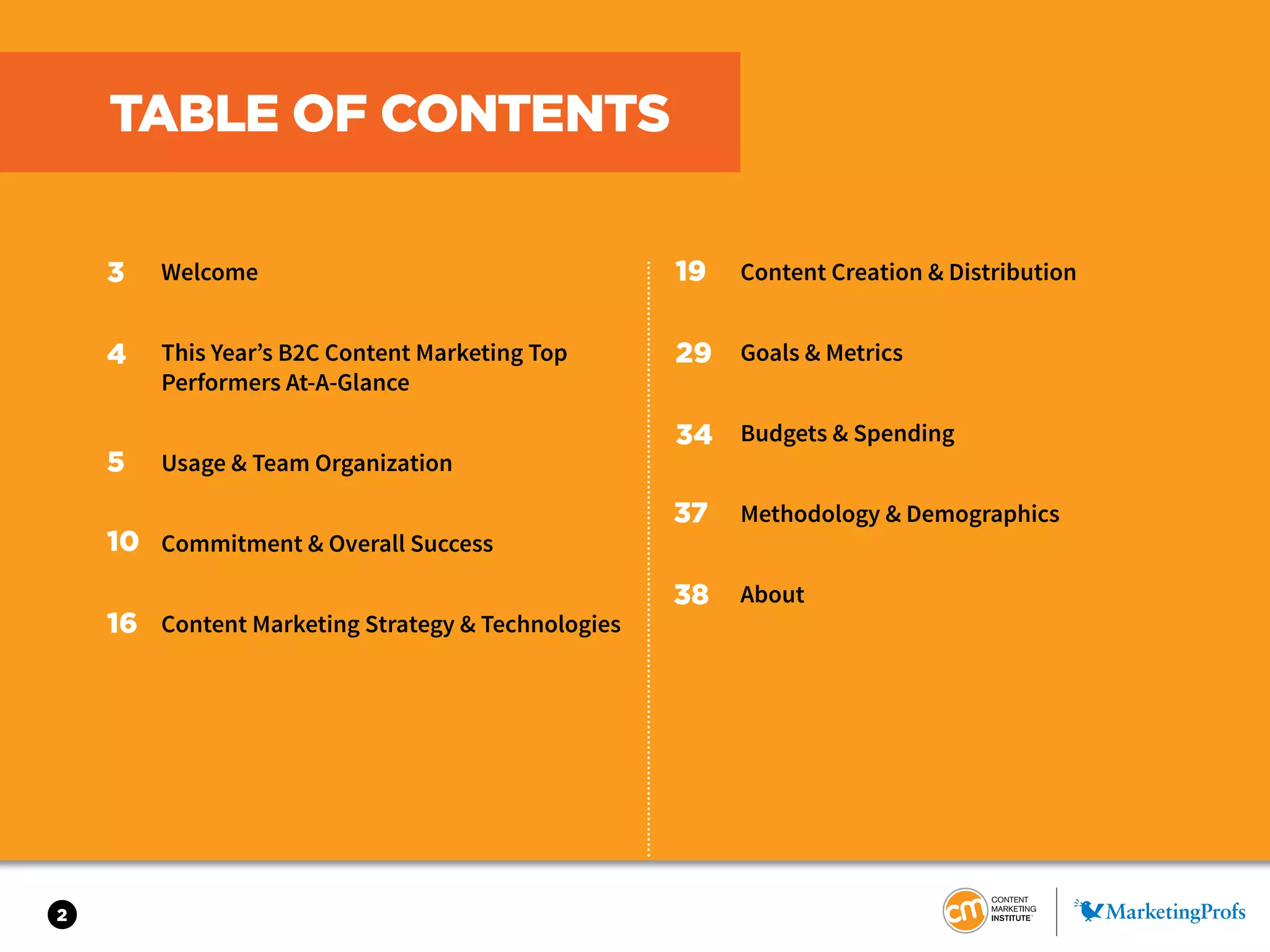Welcome
This Year’s B2C Content Marketing Top
Performers At-A-Glance
Usage & Team Organization
Commitment & Overall Success
Content Marketing Strategy & Technologies
Content Creation & Distribution
Goals & Metrics
Budgets & Spending
Methodology & Demographics
About
3
4
5
10
16
19
34
37
38
29
2
TABLE OF CONTENTS
 