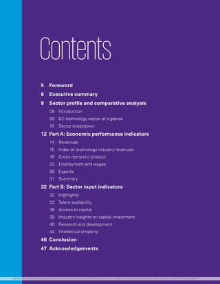 Contents
5	Foreword
6	 Executive summary
8	 Sector profile and comparative analysis
08	Introduction
09	 BC technology sector at a glance
10	 Sector breakdown
12	 Part A: Economic performance indicators
14	Revenues
15	 Index of technology industry revenues
16	 Gross domestic product
23	 Employment and wages
28	Exports
31	Summary
32	 Part B: Sector input indicators
32	Highlights
33	 Talent availability
38	 Access to capital
39	 Industry insights on capital investment
40	 Research and development
44	 Intellectual property
46	Conclusion
47	Acknowledgements
© 2018 KPMG LLP, a Canadian limited liability partnership and a member firm of the KPMG network of independent member firms affiliated with KPMG International Cooperative (“KPMG International”), a Swiss entity. All rights reserved.
 