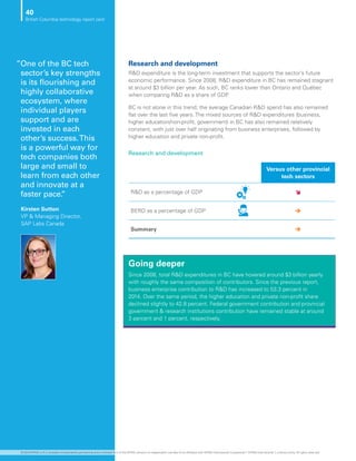 Research and development
RD expenditure is the long-term investment that supports the sector’s future
economic performance. Since 2008, RD expenditure in BC has remained stagnant
at around $3 billion per year. As such, BC ranks lower than Ontario and Québec
when comparing RD as a share of GDP.
BC is not alone in this trend; the average Canadian RD spend has also remained
flat over the last five years. The mixed sources of RD expenditures (business,
higher education/non-profit, government) in BC has also remained relatively
constant, with just over half originating from business enterprises, followed by
higher education and private non-profit.
Going deeper
Since 2008, total RD expenditures in BC have hovered around $3 billion yearly
with roughly the same composition of contributors. Since the previous report,
business enterprise contribution to RD has increased to 53.3 percent in
2014. Over the same period, the higher education and private non-profit share
declined slightly to 42.8 percent. Federal government contribution and provincial
government  research institutions contribution have remained stable at around
3 percent and 1 percent, respectively.
Research and development
Versus other provincial
tech sectors
RD as a percentage of GDP î
BERD as a percentage of GDP è
Summary è
”One of the BC tech
sector’s key strengths
is its flourishing and
highly collaborative
ecosystem, where
individual players
support and are
invested in each
other’s success.This
is a powerful way for
tech companies both
large and small to
learn from each other
and innovate at a
faster pace.”
Kirsten Sutton
VP  Managing Director,
SAP Labs Canada
40
British Columbia technology report card
© 2018 KPMG LLP, a Canadian limited liability partnership and a member firm of the KPMG network of independent member firms affiliated with KPMG International Cooperative (“KPMG International”), a Swiss entity. All rights reserved.
 