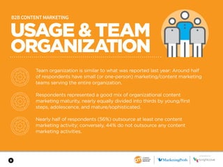 5
USAGE & TEAM
ORGANIZATION
SPONSORED BY
B2B CONTENT MARKETING
Team organization is similar to what was reported last year: Around half
of respondents have small (or one-person) marketing/content marketing
teams serving the entire organization.
Respondents represented a good mix of organizational content
marketing maturity, nearly equally divided into thirds by young/first
steps, adolescence, and mature/sophisticated.
Nearly half of respondents (56%) outsource at least one content
marketing activity; conversely, 44% do not outsource any content
marketing activities.
 