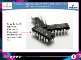 Aerospace, Defense and High Performance Electronics are
affected at the component level
Since the RoHS
legislation
Commercial
Component
terminations are
now plated with
Tin
 