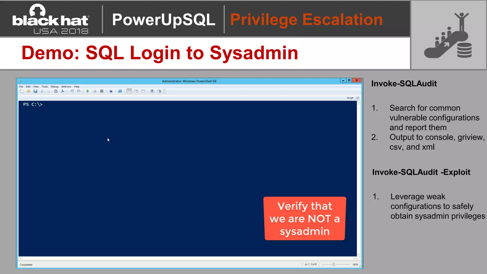 Privilege Escalation
Demo: SQL Login to Sysadmin
Invoke-SQLAudit
1. Search for common
vulnerable configurations
and report them
2. Output to console, griview,
csv, and xml
PowerUpSQL
Invoke-SQLAudit -Exploit
1. Leverage weak
configurations to safely
obtain sysadmin privileges
 