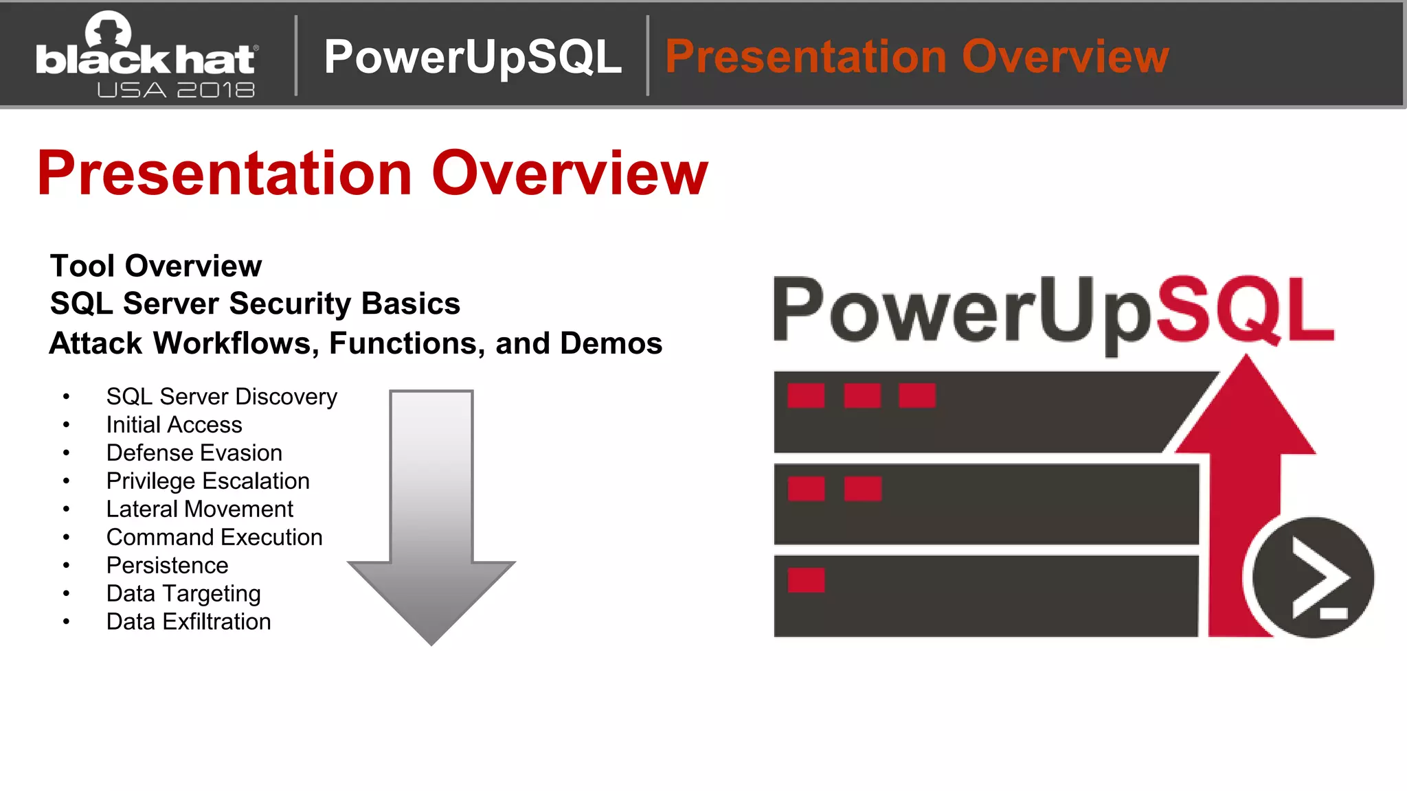 PowerUpSQL Presentation Overview
Presentation Overview
Tool Overview
SQL Server Security Basics
Attack Workflows, Functions, and Demos
• SQL Server Discovery
• Initial Access
• Defense Evasion
• Privilege Escalation
• Lateral Movement
• Command Execution
• Persistence
• Data Targeting
• Data Exfiltration
 