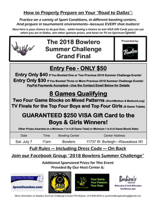 More information on Bowlero Summer Challenge-Contact Phil Brylow—414-659-0444 or youthchallengebowling@gmail.com
How to Properly Prepare on Your “Road to Dallas”:
Practice on a variety of Sport Conditions, in different bowling centers,
And prepare in tournament environments—because EVERY shot matters!
Now here is your chance to do just that… while having a chance to win VISA Gift Cards you can use
when you are in Dallas, win other sponsor prizes, and bowl on TV on Spectrum Sports!
The 2018 Bowlero
Summer Challenge
Grand Final
Entry Fee - ONLY $50
Entry Only $40 If You Bowled One or Two Previous 2018 Summer Challenge Events!
Entry Only $30 If You Bowled Three or More Previous 2018 Summer Challenge Events!
PayPal Payments Accepted—Use the Contact Email Below for Details
8 Games Qualifying
Two Four Game Blocks on Mixed Patterns (Short/Medium & Medium/Long)
TV Finals for the Top Four Boys and Top Four Girls (8 Game Totals)
GUARANTEED $250 VISA Gift Card to the
Boys & Girls Winners!
Other Prizes Awarded on a Minimum 1 in 4 (8 Game Total) or Minimum 1 in 8 (4 Game Block) Ratio
Date Time Bowling Center Center Address
Sat. July 7 11am Bowlero 11737 W. Burleigh—Wauwatosa WI
Full Rules — Including Dress Code — On Back
Join our Facebook Group “2018 Bowlero Summer Challenge”
Additional Sponsored Prizes for This Event
Provided By Our Host Center &:
Presented by:
 