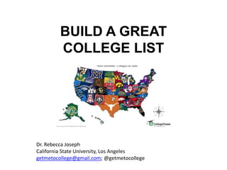 BUILD A GREAT
COLLEGE LIST
Dr. Rebecca Joseph
California State University, Los Angeles
getmetocollege@gmail.com; @getmetocollege
 