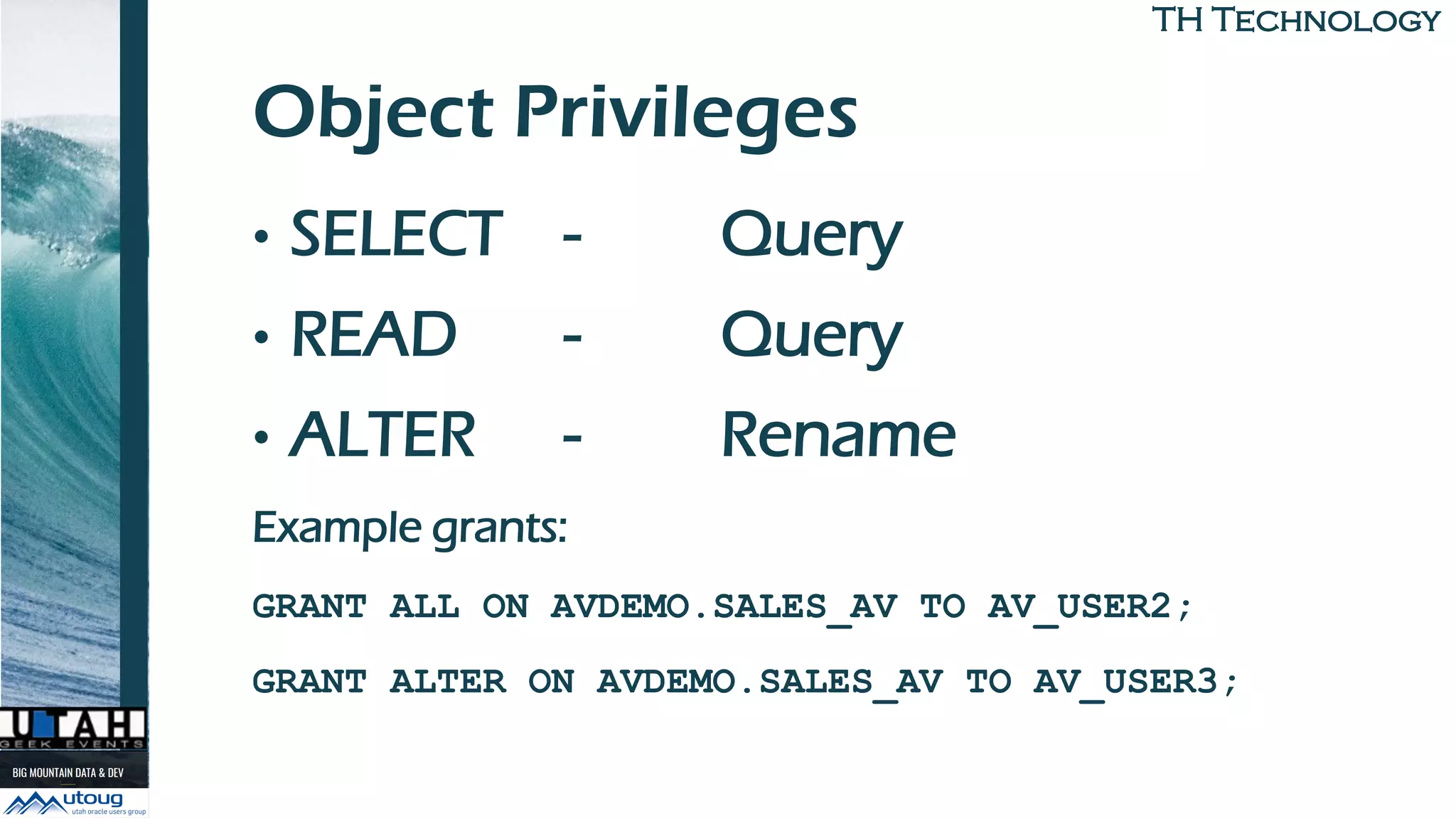 TH TechnologyTH Technology
Object Privileges
• SELECT - Query
• READ - Query
• ALTER - Rename
Example grants:
GRANT ALL ON AVDEMO.SALES_AV TO AV_USER2;
GRANT ALTER ON AVDEMO.SALES_AV TO AV_USER3;
 