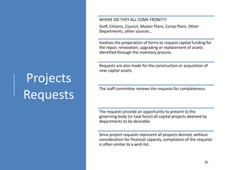 Projects
Requests
WHERE DO THEY ALL COME FROM???
Staff, Citizens, Council, Master Plans, Comp Plans, Other
Departments, other sources…
Involves the preparation of forms to request capital funding for
the repair, renovation, upgrading or replacement of assets
identified through the inventory process.
Requests are also made for the construction or acquisition of
new capital assets.
The staff committee reviews the requests for completeness.
The requests provide an opportunity to present to the
governing body (or task force) all capital projects deemed by
departments to be desirable.
Since project requests represent all projects desired, without
consideration for financial capacity, compilation of the requests
is often similar to a wish list.
35
 