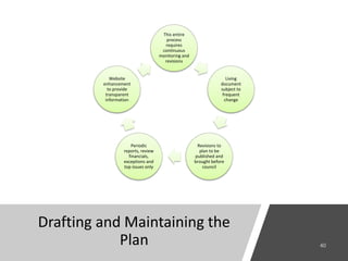 Drafting and Maintaining the
Plan
This entire
process
requires
continuous
monitoring and
revisions
Living
document
subject to
frequent
change
Revisions to
plan to be
published and
brought before
council
Periodic
reports, review
financials,
exceptions and
top issues only
Website
enhancement
to provide
transparent
information
 