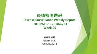 疫情監測週報
Disease Surveillance Weekly Report
2018/6/17－2018/6/23
Week 25
疾病管制署
Taiwan CDC
June 26, 2018
 