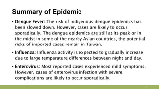 Summary of Epidemic
3
• Dengue Fever: The risk of indigenous dengue epidemics has
been slowed down. However, cases are likely to occur
sporadically. The dengue epidemics are still at its peak or in
the midst in some of the nearby Asian countries, the potential
risks of imported cases remain in Taiwan.
• Influenza: Influenza activity is expected to gradually increase
due to large temperature differences between night and day.
• Enterovirus: Most reported cases experienced mild symptoms.
However, cases of enterovirus infection with severe
complications are likely to occur sporadically.
 