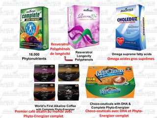 Resveratrol
Longevity
Polyphenols
16,000
Phytonutrients
Omega supreme fatty acids
World’s First Alkaline Coffee
with Complete Phyto-Energizer
Choco-ceuticals with DHA &
Complete Phyto-Energizer
Premier café alcalin au monde avec
Phyto-Energizer complet
Choco-ceuticals avec DHA et Phyto-
Energizer complet
Omega acides gras suprêmes
Resveratrol
Polyphénols
de longévité
 