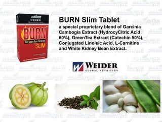 BURN Slim Tablet
a special proprietary blend of Garcinia
Cambogia Extract (HydrocyCitric Acid
60%), GreenTea Extract (Catechin 50%),
Conjugated Linoleic Acid, L-Carnitine
and White Kidney Bean Extract.
BURN Slim Tablet
a special proprietary blend of Garcinia
Cambogia Extract (HydrocyCitric Acid
60%), GreenTea Extract (Catechin 50%),
Conjugated Linoleic Acid, L-Carnitine
and White Kidney Bean Extract.
 