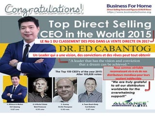 LE No 1 DU CLASSEMENT DES PDG DANS LA VENTE DIRECTE EN 2017
Nous sommes véritable
reconnaissant vis-à-vis de nos
distributeurs mondiaux pour leurs
soutient indéfectible
Un Leader qui a une vision, des convictions et des rêves peut tout obtenir
 