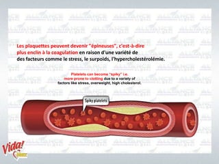 Platelets can become “spiky” i.e.
more prone to clotting due to a variety of
factors like stress, overweight, high cholesterol.
Les plaquettes peuvent devenir "épineuses", c'est-à-dire
plus enclin à la coagulation en raison d'une variété de
des facteurs comme le stress, le surpoids, l'hypercholestérolémie.
 