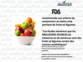 recommends that children consume a
minimum of five servings of fruits and
vegetables.
“Studies show that the BEST SOURCES of
vitamins and minerals are fruits and vegetables
vs. synthetic sources”
recommande aux enfants de
consommer au moins cinq
portions de fruits et légumes.
"Les études montrent que les
MEILLEURES SOURCES de
vitamines et de minéraux sont des
fruits et légumes contre des
sources synthétiques"
 