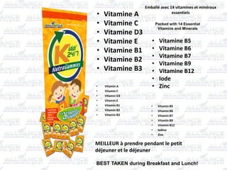 • Vitamin A
• Vitamin C
• Vitamin D3
• Vitamin E
• Vitamin B1
• Vitamin B2
• Vitamin B3
Packed with 14 Essential
Vitamins and Minerals
• Vitamin B5
• Vitamin B6
• Vitamin B7
• Vitamin B9
• Vitamin B12
• Iodine
• Zinc
BEST TAKEN during Breakfast and Lunch!
• Vitamine A
• Vitamine C
• Vitamine D3
• Vitamine E
• Vitamine B1
• Vitamine B2
• Vitamine B3
Emballé avec 14 vitamines et minéraux
essentiels
• Vitamine B5
• Vitamine B6
• Vitamine B7
• Vitamine B9
• Vitamine B12
• Iode
• Zinc
MEILLEUR à prendre pendant le petit
déjeuner et le déjeuner
 