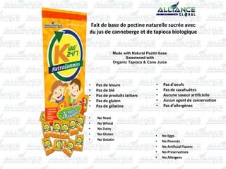 • No Yeast
• No Wheat
• No Dairy
• No Gluten
• No Gelatin
Made with Natural Pectin base
Sweetened with
Organic Tapioca & Cane Juice
• No Eggs
• No Peanuts
• No Artificial Flavors
• No Preservatives
• No Allergens
Fait de base de pectine naturelle sucrée avec
du jus de canneberge et de tapioca biologique
• Pas de levure
• Pas de blé
• Pas de produits laitiers
• Pas de gluten
• Pas de gélatine
• Pas d'oeufs
• Pas de cacahuètes
• Aucune saveur artificielle
• Aucun agent de conservation
• Pas d'allergènes
 