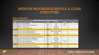 MENTOR PROGRAM SCHEDULE & CLASS
STRUCTURE
Class Schedule
CISSP® MENTOR PROGRAM
Date Class Lead Onsite Remote Notes
4/10/2018 Course Introduction/Q&A Brad Brad Evan
4/12/2018 Domain 1: Security and Risk Management Brad Brad Evan
4/17/2018 Domain 2: Asset Security Evan Evan, Brad
4/17/2018 Domain 3: Security Engineering Evan Evan, Brad
4/19/2018
4/24/2018 Domain 3: Security Engineering (cont.) Evan Evan, Brad (tentative)
4/26/2018 Domain 3: Security Engineering (cont.) Evan Evan, Brad
5/1/2018 Domain 4: Communication and Network Security Evan Evan, Brad
5/3/2018
5/8/2018 Domain 4: Communication and Network Security (cont.) Evan Evan
5/10/2018 Domain 5: Identity and Access Management Brad Evan, Brad
5/15/2018 Domain 6: Security Assessment and Testing Evan Evan, Brad
5/17/2018 Domain 7: Security Operations Evan Brad Evan
5/22/2018 Domain 7: Security Operations (cont.) Evan Evan, Brad (tentative)
5/24/2018
5/29/2018 Domain 8: Software Development Security Brad Evan, Brad
5/31/2018 CISSP Exam Final Preparation & Practice Testing Evan Evan, Brad
BREAK
BREAK
BREAK
2018 CISSP Mentor Program Schedule
 