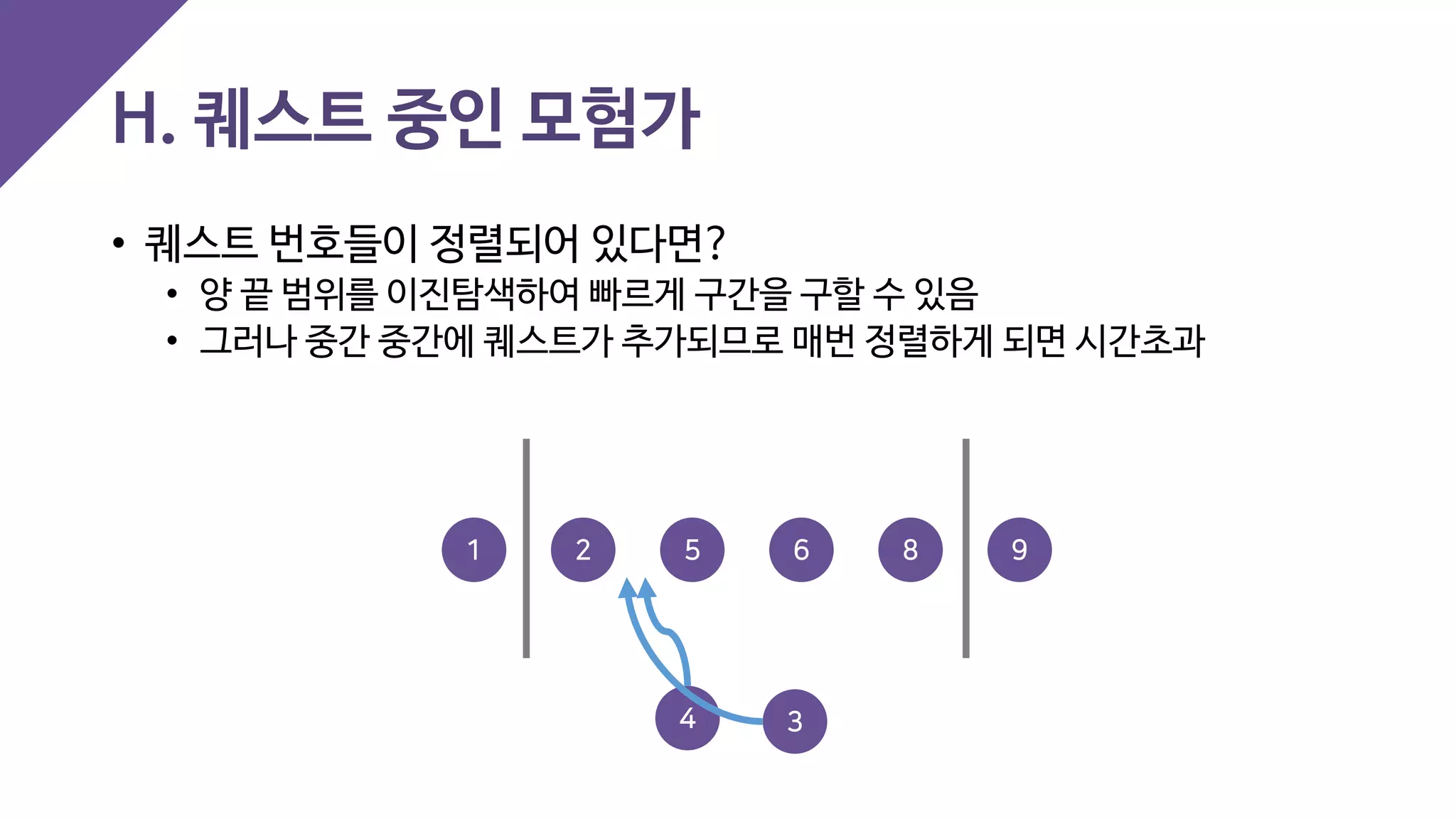 H. 퀘스트 중인 모험가
• 퀘스트 번호들이 정렬되어 있다면?
• 양 끝 범위를 이진탐색하여 빠르게 구간을 구할 수 있음
• 그러나 중간 중간에 퀘스트가 추가되므로 매번 정렬하게 되면 시간초과
2 5 91 6 8
4 3
 