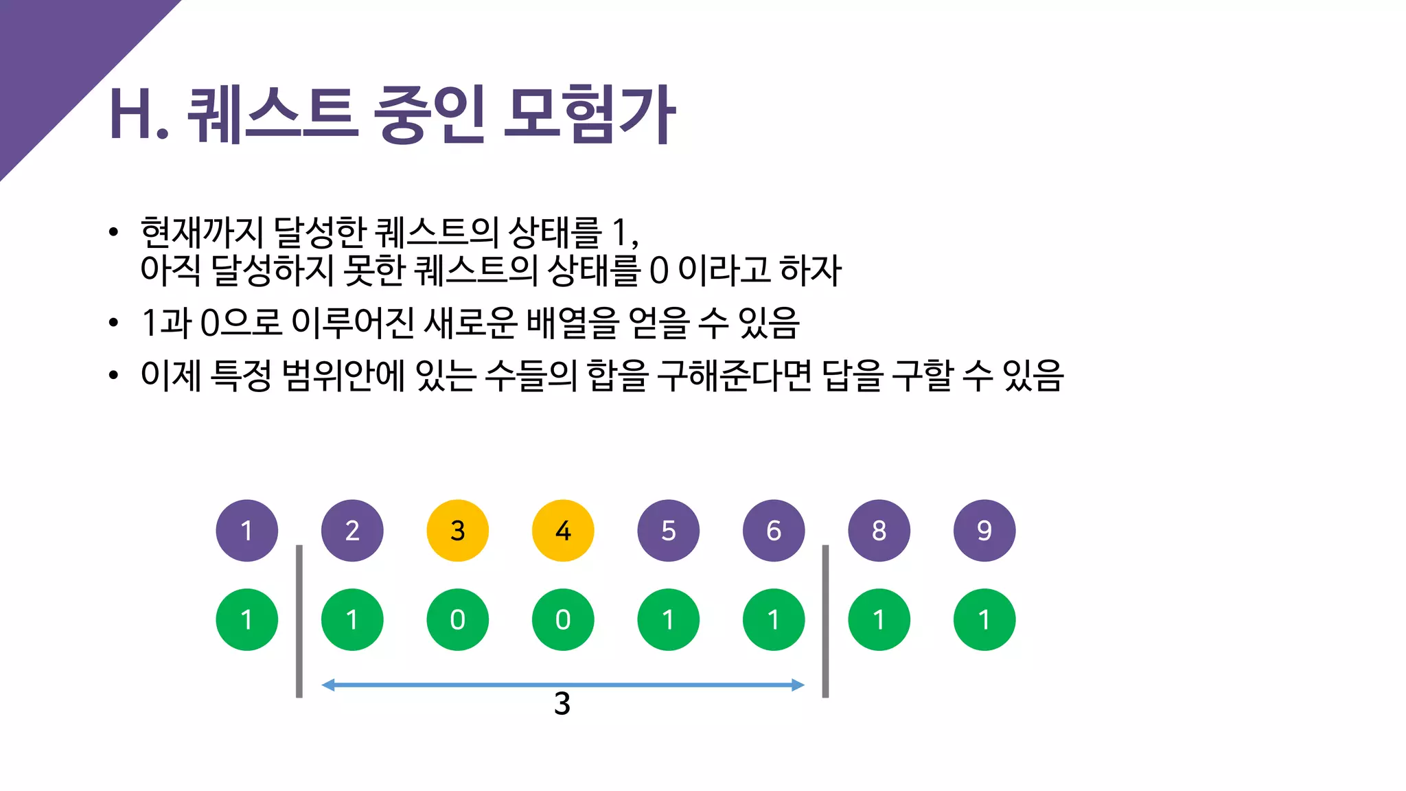 H. 퀘스트 중인 모험가
• 현재까지 달성한 퀘스트의 상태를 1,
아직 달성하지 못한 퀘스트의 상태를 0 이라고 하자
• 1과 0으로 이루어진 새로운 배열을 얻을 수 있음
• 이제 특정 범위안에 있는 수들의 합을 구해준다면 답을 구할 수 있음
4 5 93 6 821
0 1 10 1 111
3
 