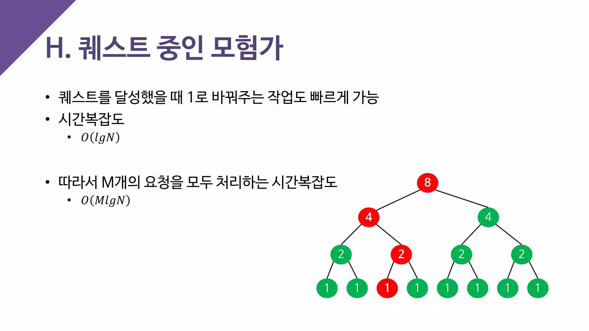 • 퀘스트를 달성했을 때 1로 바꿔주는 작업도 빠르게 가능
• 시간복잡도
• 𝑂𝑂 𝑙𝑙𝑙𝑙𝑙𝑙
• 따라서 M개의 요청을 모두 처리하는 시간복잡도
• 𝑂𝑂 𝑀𝑀𝑙𝑙𝑙𝑙𝑙𝑙
H. 퀘스트 중인 모험가
1 1 1111 11
2 2 2 2
4 4
8
 