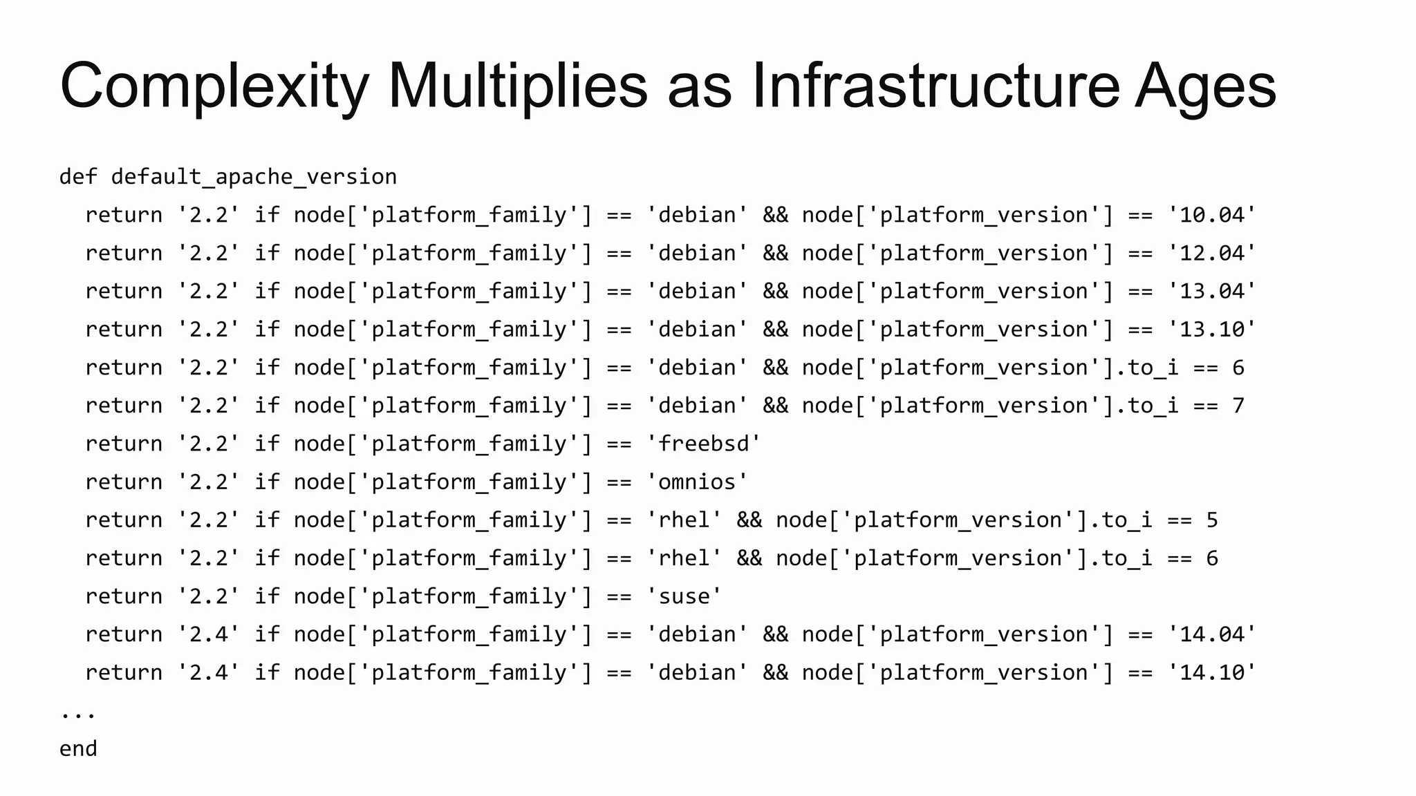 Complexity Multiplies as Infrastructure Ages
def default_apache_version
return '2.2' if node['platform_family'] == 'debian' && node['platform_version'] == '10.04'
return '2.2' if node['platform_family'] == 'debian' && node['platform_version'] == '12.04'
return '2.2' if node['platform_family'] == 'debian' && node['platform_version'] == '13.04'
return '2.2' if node['platform_family'] == 'debian' && node['platform_version'] == '13.10'
return '2.2' if node['platform_family'] == 'debian' && node['platform_version'].to_i == 6
return '2.2' if node['platform_family'] == 'debian' && node['platform_version'].to_i == 7
return '2.2' if node['platform_family'] == 'freebsd'
return '2.2' if node['platform_family'] == 'omnios'
return '2.2' if node['platform_family'] == 'rhel' && node['platform_version'].to_i == 5
return '2.2' if node['platform_family'] == 'rhel' && node['platform_version'].to_i == 6
return '2.2' if node['platform_family'] == 'suse'
return '2.4' if node['platform_family'] == 'debian' && node['platform_version'] == '14.04'
return '2.4' if node['platform_family'] == 'debian' && node['platform_version'] == '14.10'
...
end
 