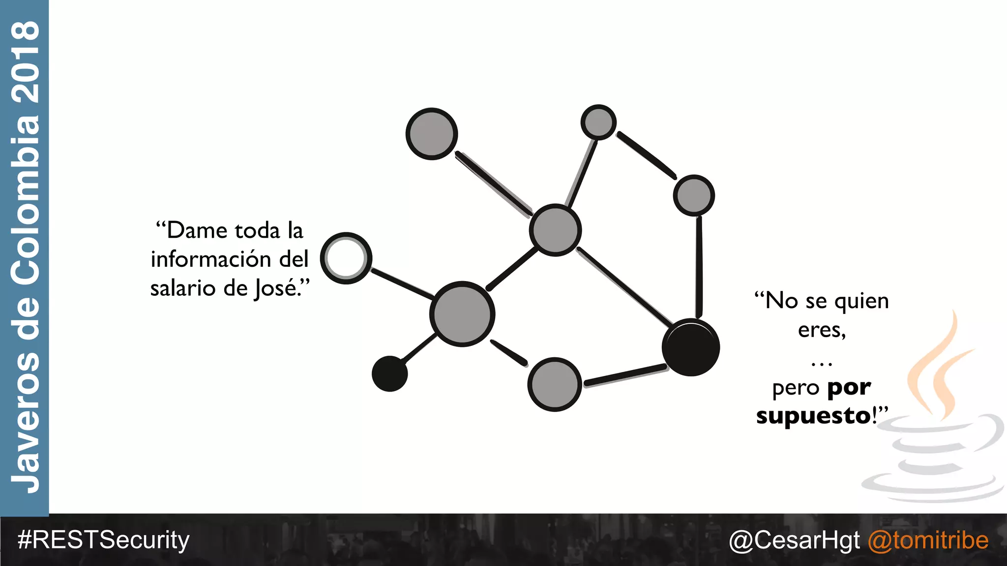#RESTSecurity @CesarHgt @tomitribe
JaverosdeColombia2018
“Dame toda la
información del
salario de José.”
“No se quien
eres,
…
pero por
supuesto!”
 