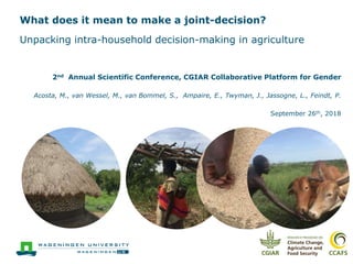 What does it mean to make a joint-decision?
Unpacking intra-household decision-making in agriculture
2nd Annual Scientific Conference, CGIAR Collaborative Platform for Gender
Acosta, M., van Wessel, M., van Bommel, S., Ampaire, E., Twyman, J., Jassogne, L., Feindt, P.
September 26th, 2018
 