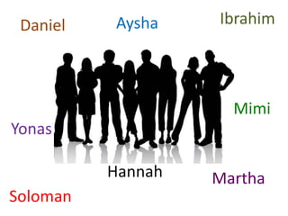 Daniel Aysha Ibrahim
Mimi
Yonas
Soloman
MarthaHannah
 