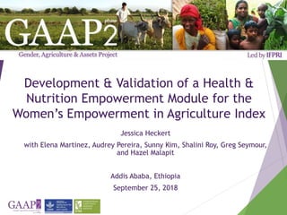 Jessica Heckert
with Elena Martinez, Audrey Pereira, Sunny Kim, Shalini Roy, Greg Seymour,
and Hazel Malapit
Addis Ababa, Ethiopia
September 25, 2018
Development & Validation of a Health &
Nutrition Empowerment Module for the
Women’s Empowerment in Agriculture Index
 