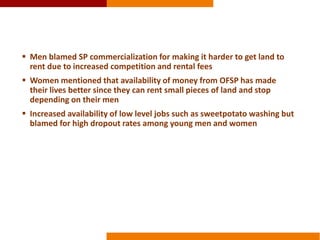 The effects of sweetpotato commercialization on men and women producers and traders in Homa bay and Bungoma, Kenya